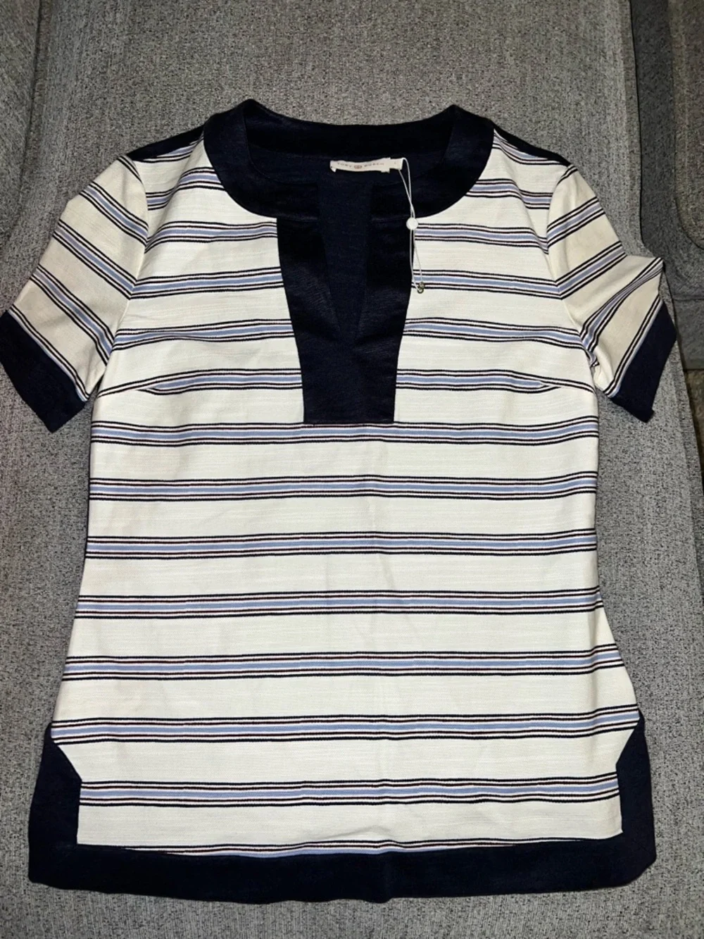 NWOT Tory Burch Zora Tee Stripe Plunge Neckline Cotton Linen Top  Size S